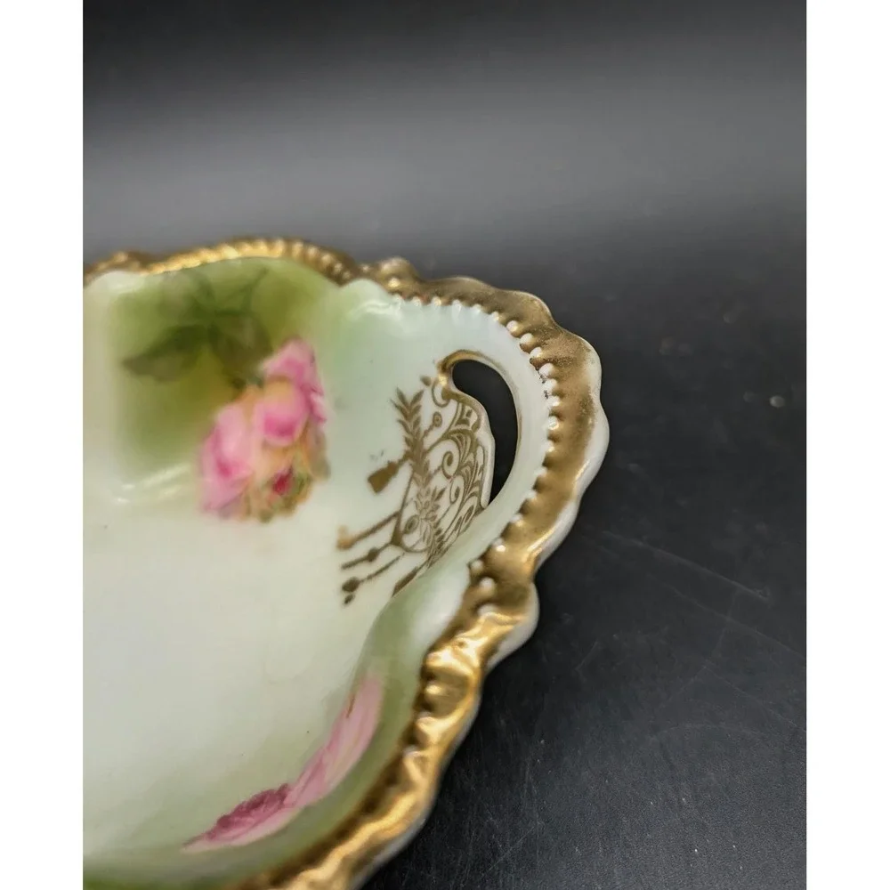 Antique Schwarzburg German Porcelain Rose Basket Divided‎ Candy Dish Gold Gilt